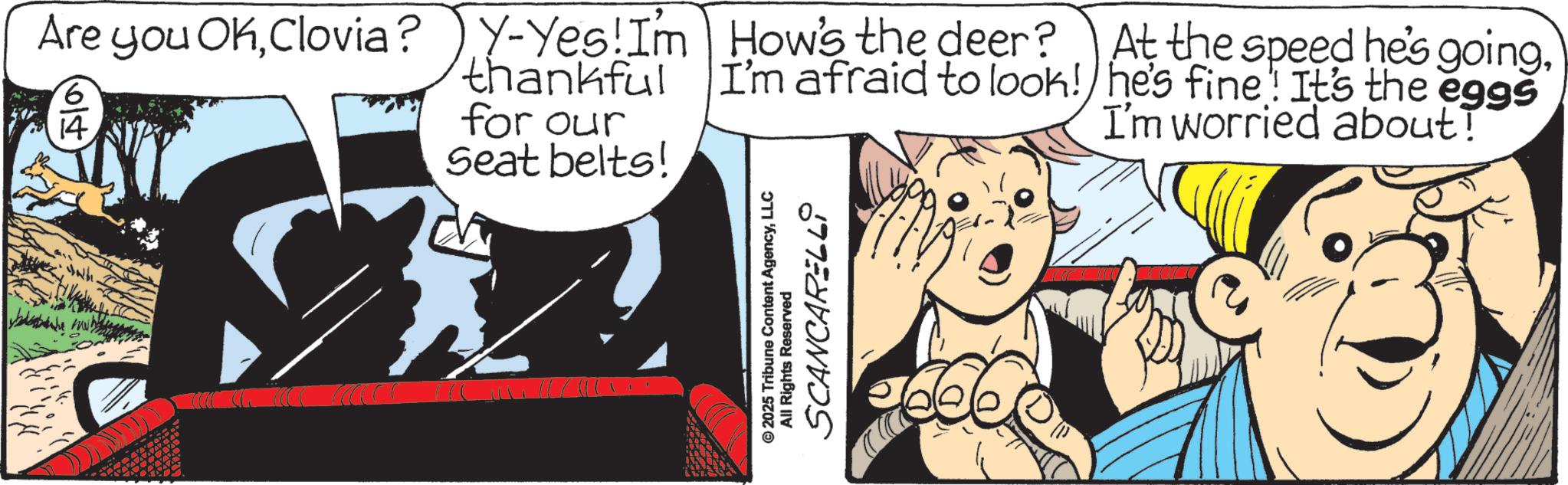 Publication OCR: Are you OKClovia? Y-Yes! I'm 6 14 thankful for our Seat belts! How's the deer? I'm afraid to look! At the speed he's goinghe's fine! It's the eggs I'm worried about! © 2025 Tribune Content AgencyLLC All Rights Reserved SCANCARELLI Are you OKClovia ? Y - Yes ! I'm 6 14 thankful for our Seat belts ! How's the deer ? I'm afraid to look ! At the speed he's goinghe's fine ! It's the eggs I'm worried about ! © 2025 Tribune Content AgencyLLC All Rights Reserved SCANCARELLI
