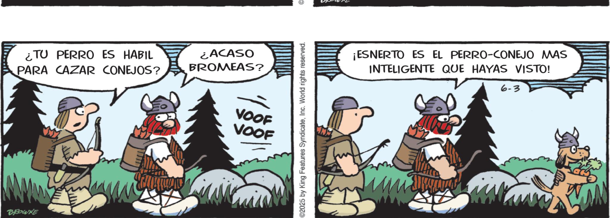 Photo caption OCR: ¿TU PERRO ES HABIL PARA CAZAR CONEJOS? ¿ACASO BROMEAS? BROWNE VOOF VOOF ? ©2025 by King Features SyndicateInc. World rights reserved. ¡ESNERTO ES EL PERRO-CONEJO MAS INTELIGENTE QUE HAYAS VISTO! 6-3 ¿ TU PERRO ES HABIL PARA CAZAR CONEJOS ? ¿ ACASO BROMEAS ? BROWNE VOOF VOOF ? © 2025 by King Features SyndicateInc. World rights reserved . ¡ ESNERTO ES EL PERRO - CONEJO MAS INTELIGENTE QUE HAYAS VISTO ! 6-3