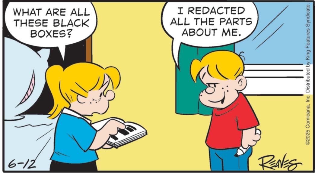 Animated cartoon OCR: WHAT ARE ALL THESE BLACK BOXES? I REDACTED ALL THE PARTS ABOUT ME. 6-12 RENES ©2025 ComicanaInc. Distributed by King Features Syndicate. WHAT ARE ALL THESE BLACK BOXES ? I REDACTED ALL THE PARTS ABOUT ME . 6-12 RENES © 2025 ComicanaInc. Distributed by King Features Syndicate .