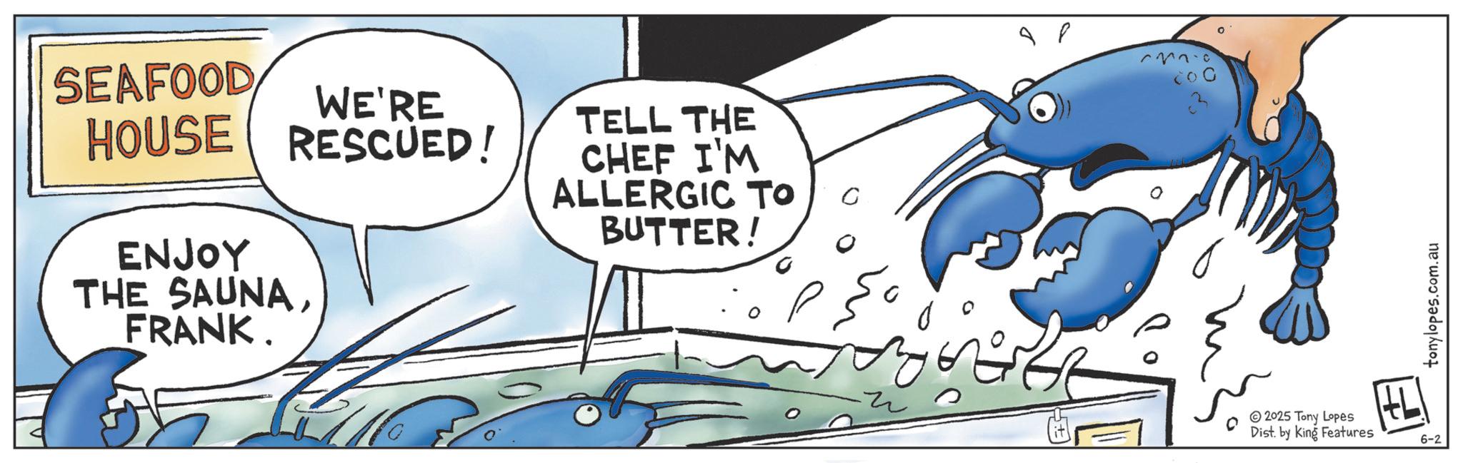Seafood OCR: SEAFOOD WE'RE HOUSE RESCUED! ENJOY THE SAUNAFRANK. TELL THE CHEF I'M ALLERGIC TO BUTTER! 0 AP 0 ? 2025 Tony Lopes Dist. by King Features 6-2 tonylopes.com.au SEAFOOD WE'RE HOUSE RESCUED ! ENJOY THE SAUNAFRANK . TELL THE CHEF I'M ALLERGIC TO BUTTER ! 0 AP 0 ? 2025 Tony Lopes Dist . by King Features 6-2 tonylopes.com.au