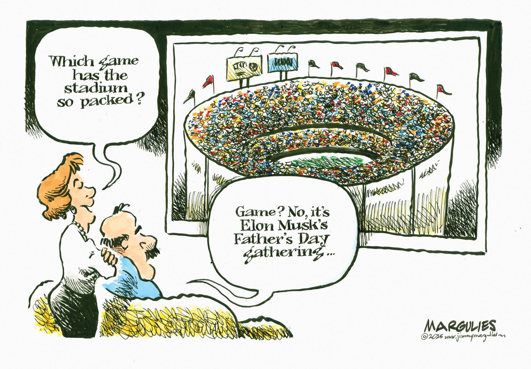 Animated cartoon OCR: Which game has the stadium so packed? ?? MAX Game? Noit's Elon Musk's Father's Day gathering... 4xxx MARGULIES ww.jimmymargulies. ©2025 www. Which game has the stadium so packed ? ?? MAX Game ? Noit's Elon Musk's Father's Day gathering ... 4xxx MARGULIES ww.jimmymargulies . © 2025 www .