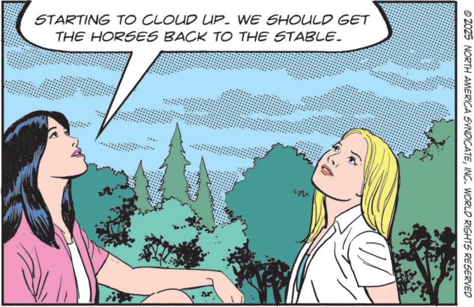 Comic book OCR: STARTING TO CLOUD UP. WE SHOULD GET THE HORSES BACK TO THE STABLE_ © 2025 NORTH AMERICA SYNDICATEINC. WORLD RIGHTS RESERVED STARTING TO CLOUD UP . WE SHOULD GET THE HORSES BACK TO THE STABLE_ © 2025 NORTH AMERICA SYNDICATEINC . WORLD RIGHTS RESERVED