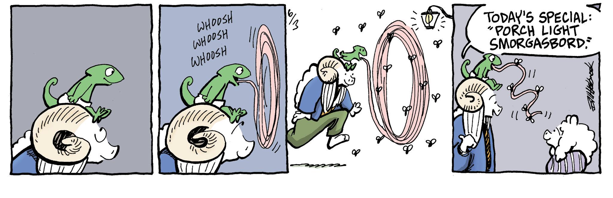 Fiction OCR: WHOOSH WHOOSH WHOOSH 3 ?? 8 TODAY'S SPECIAL: "PORCH LIGHT SMORGASBORD;" ? WHOOSH WHOOSH WHOOSH 3 ?? 8 TODAY'S SPECIAL : " PORCH LIGHT SMORGASBORD ; " ?