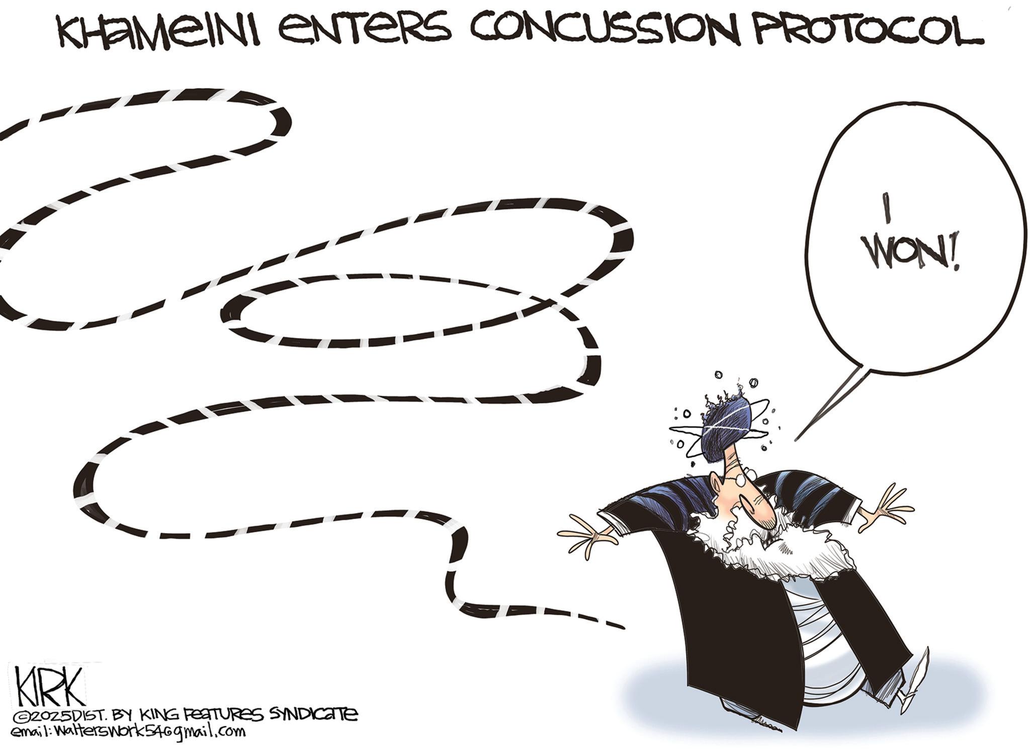 Animated cartoon OCR: KHAMEINI ENTERS CONCUSSION PROTOCOL KRK 2025DIST. BY KING FEATURES SYNDICATE email: Walterswork546gmail.com 1 WON! KHAMEINI ENTERS CONCUSSION PROTOCOL KRK 2025DIST . BY KING FEATURES SYNDICATE email : Walterswork546gmail.com 1 WON !