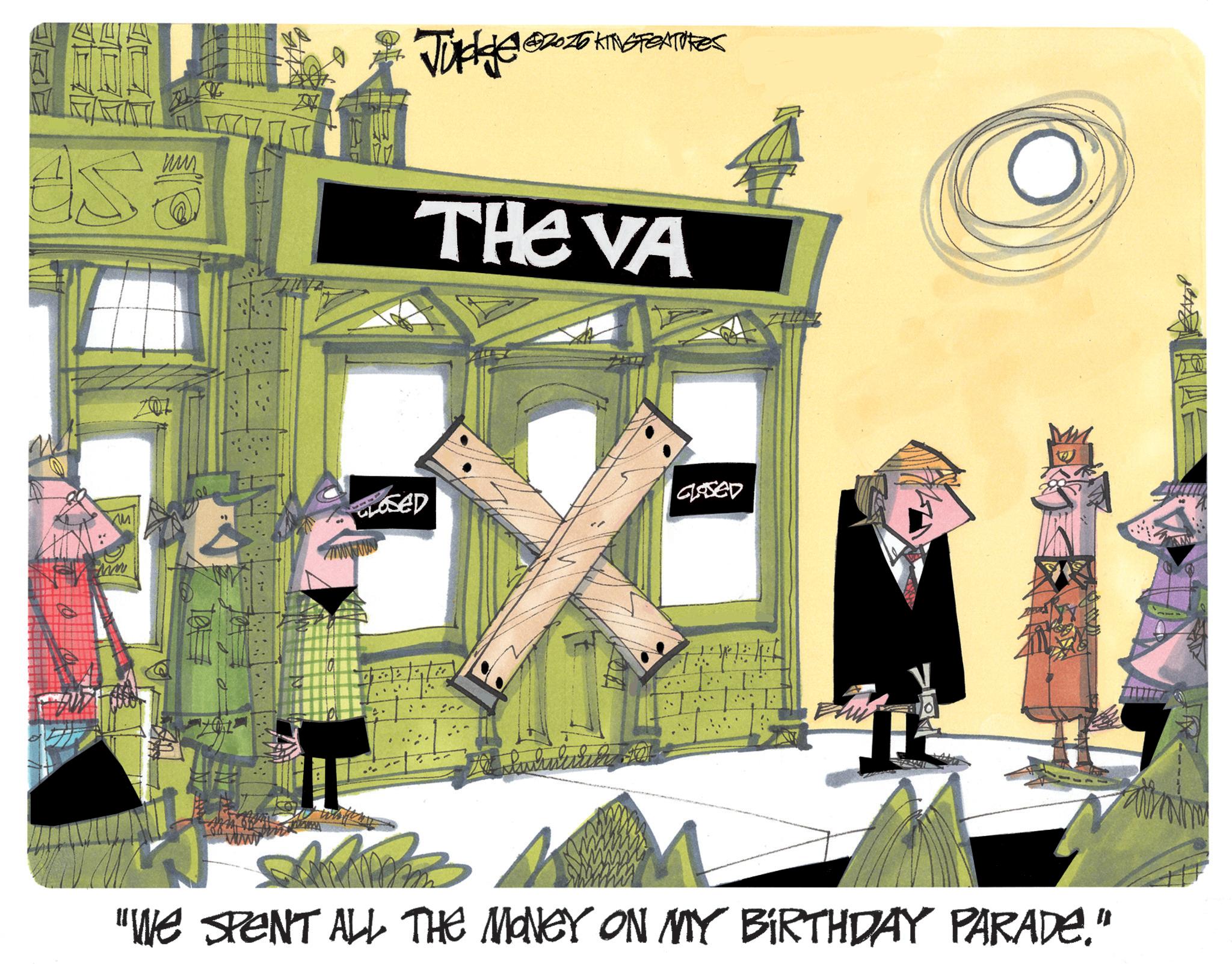 Graphic design OCR: AS 162026 KINGFEATURES Jukker 2026 KT THE VA CLOSED GLASED V "WE SPENT ALL THE MONEY ON MY BIRTHDAY PARADE." AS 162026 KINGFEATURES Jukker 2026 KT THE VA CLOSED GLASED V " WE SPENT ALL THE MONEY ON MY BIRTHDAY PARADE . "