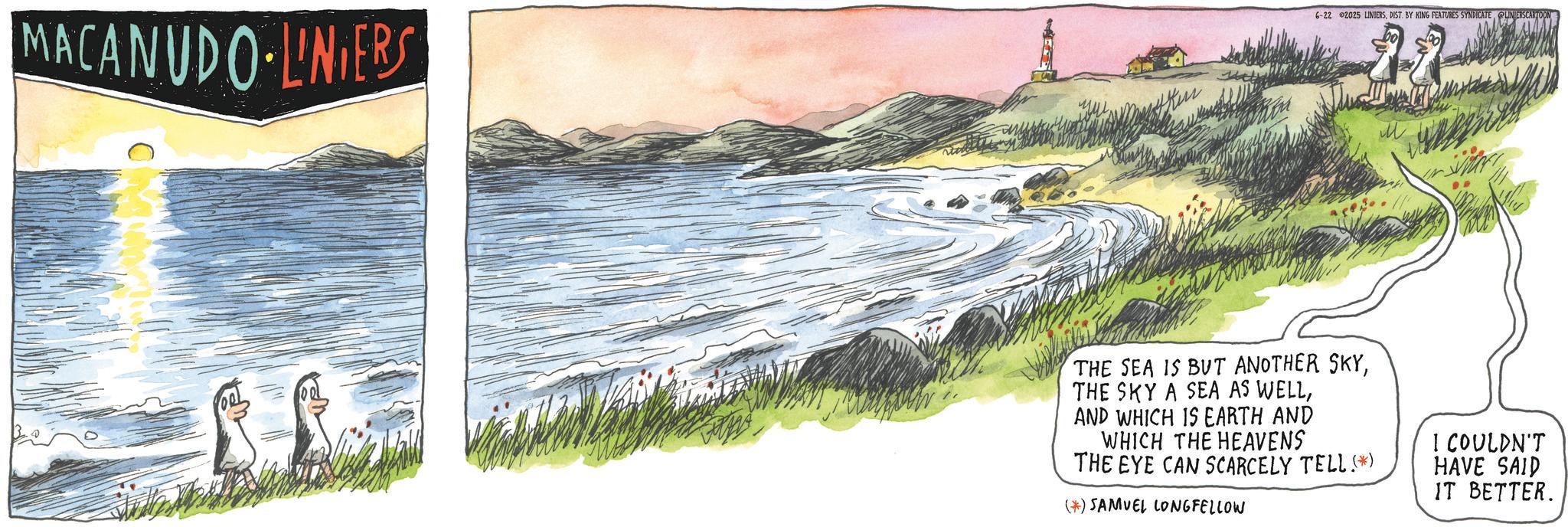 OCR: MACANUDO LINIERS 6-22 2025 LINIERSDIST. BY KING FEATURES SYNDICATE LINERSCARTOON THE SEA IS BUT ANOTHER SKYAND WHICH IS EARTH AND WHICH THE HEAVENS THE EYE CAN SCARCELY TELL.(*) (*) SAMUEL LONGFELLOW I COULDN'T HAVE SAID IT BETTER. MACANUDO LINIERS 6-22 2025 LINIERSDIST . BY KING FEATURES SYNDICATE LINERSCARTOON THE SEA IS BUT ANOTHER SKYTHE SKY A SEA AS WELLAND WHICH IS EARTH AND WHICH THE HEAVENS THE EYE CAN SCARCELY TELL . ( * ) ( * ) SAMUEL LONGFELLOW I COULDN'T HAVE SAID IT BETTER .