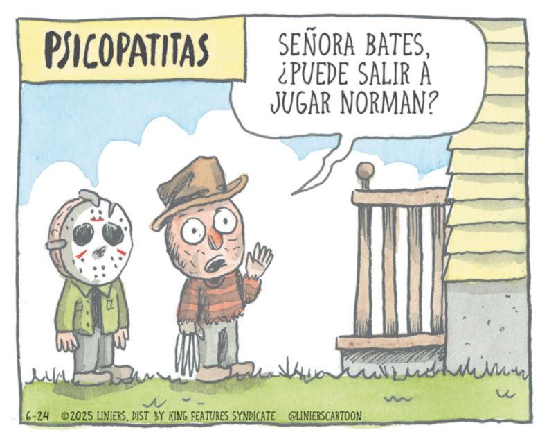 Animated cartoon OCR: PSICOPATITAS SEÑORA BATES¿PUEDE SALIR A JUGAR NORMAN? ?? N 6-24 2025 LINIERSDIST. BY KING FEATURES SYNDICATE @LINIERSCARTOON u PSICOPATITAS SEÑORA BATES¿ PUEDE SALIR A JUGAR NORMAN ? ?? N 6-24 2025 LINIERSDIST . BY KING FEATURES SYNDICATE @LINIERSCARTOON u