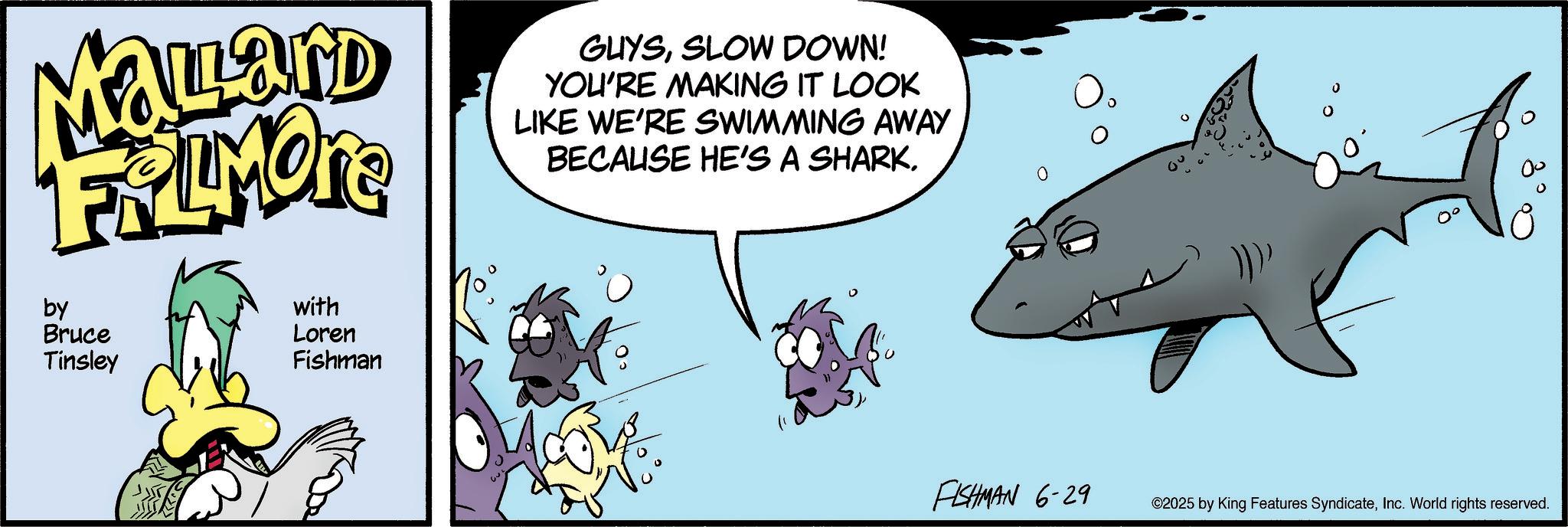 Fin OCR: MaLard FRIMON GUYSSLOW DOWN! YOU'RE MAKING IT LOOK LIKE WE'RE SWIMMING AWAY BECAUSE HE'S A SHARK. by Bruce Tinsley with Loren Fishman FISHMAN 6-29 ©2025 by King Features SyndicateInc. World rights reserved. MaLard FRIMON GUYSSLOW DOWN ! YOU'RE MAKING IT LOOK LIKE WE'RE SWIMMING AWAY BECAUSE HE'S A SHARK . by Bruce Tinsley with Loren Fishman FISHMAN 6-29 © 2025 by King Features SyndicateInc. World rights reserved .