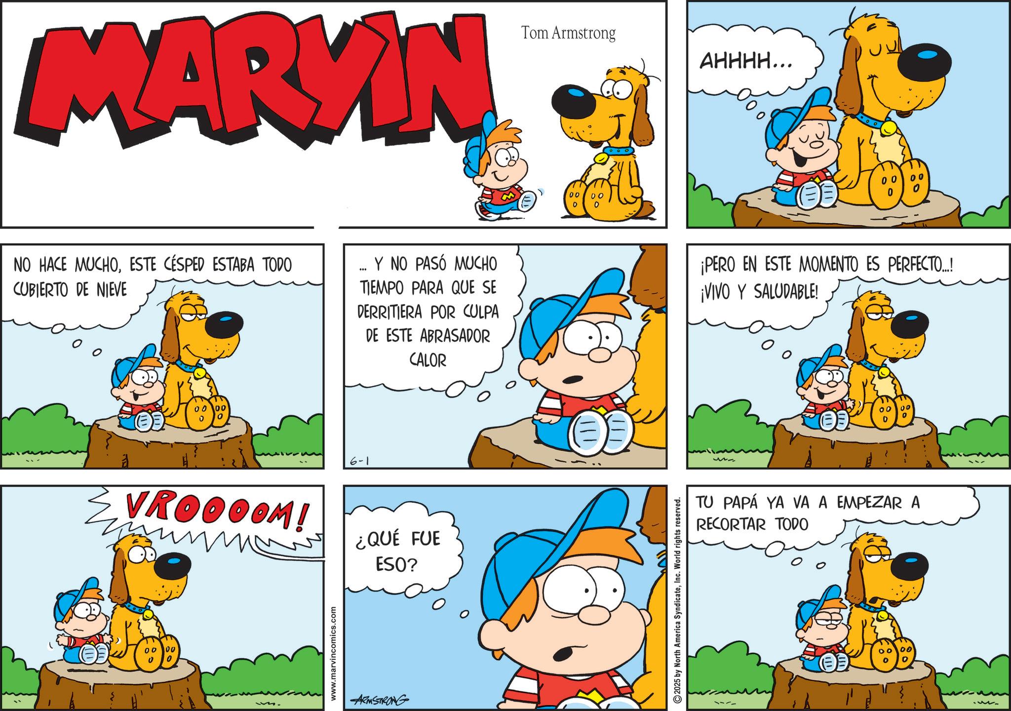 Pleased OCR: MARKIN NO HACE MUCHOESTE CÉSPED ESTABA TODO CUBIERTO DE NIEVE 0000 Y NO PASÓ MUCHO TIEMPO PARA QUE SE DERRITIERA POR CULPA DE ESTE ABRASADOR CALOR 6-1 VROOOOM! ¿QUÉ FUE ESO? 0000 0 www.marvincomics.com ARMSTRONG Tom Armstrong AHHHH... 00 00 0 2025 by North America SyndicateInc. World rights reserved. 000 ¡PERO EN ESTE MOMENTO ES PERFECTO...! ¡VIVO Y SALUDABLE! ~~ 00 00 TU PAPÁ YA VA A EMPEZAR A RECORTAR TODO 00 MARKIN NO HACE MUCHOESTE CÉSPED ESTABA TODO CUBIERTO DE NIEVE 0000 Y NO PASÓ MUCHO TIEMPO PARA QUE SE DERRITIERA POR CULPA DE ESTE ABRASADOR CALOR 6-1 VROOOOM ! ¿ QUÉ FUE ESO ? 0000 0 www.marvincomics.com ARMSTRONG Tom Armstrong AHHHH ... 00 00 0 2025 by North America SyndicateInc. World rights reserved . 000 ¡ PERO EN ESTE MOMENTO ES PERFECTO ... ! ¡ VIVO Y SALUDABLE ! ~~ 00 00 TU PAPÁ YA VA A EMPEZAR A RECORTAR TODO 00