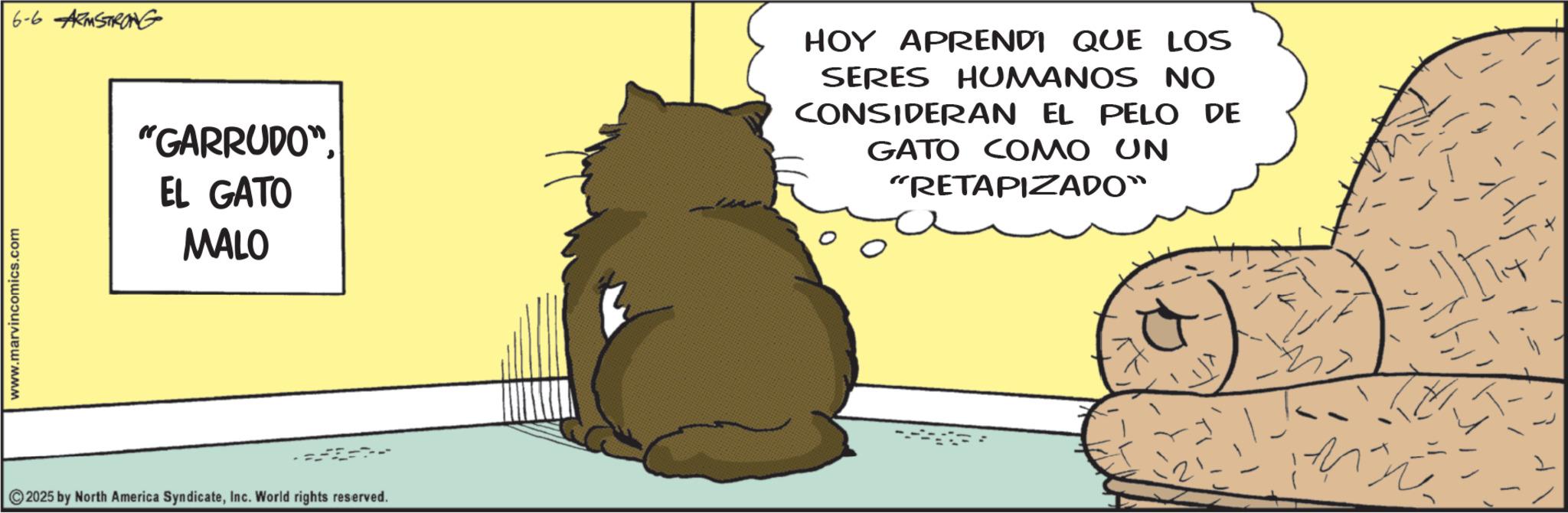 Paw OCR: www.marvincomics.com 6-6 ARMSTRONG "GARRUDO"EL GATO MALO 2025 by North America SyndicateInc. World rights reserved. HOY APRENDI QUE LOS SERES HUMANOS NO CONSIDERAN EL PELO DE GATO COMO UN "RETAPIZADO™ www.marvincomics.com 6-6 ARMSTRONG " GARRUDO "EL GATO MALO 2025 by North America SyndicateInc. World rights reserved . HOY APRENDI QUE LOS SERES HUMANOS NO CONSIDERAN EL PELO DE GATO COMO UN " RETAPIZADO ™