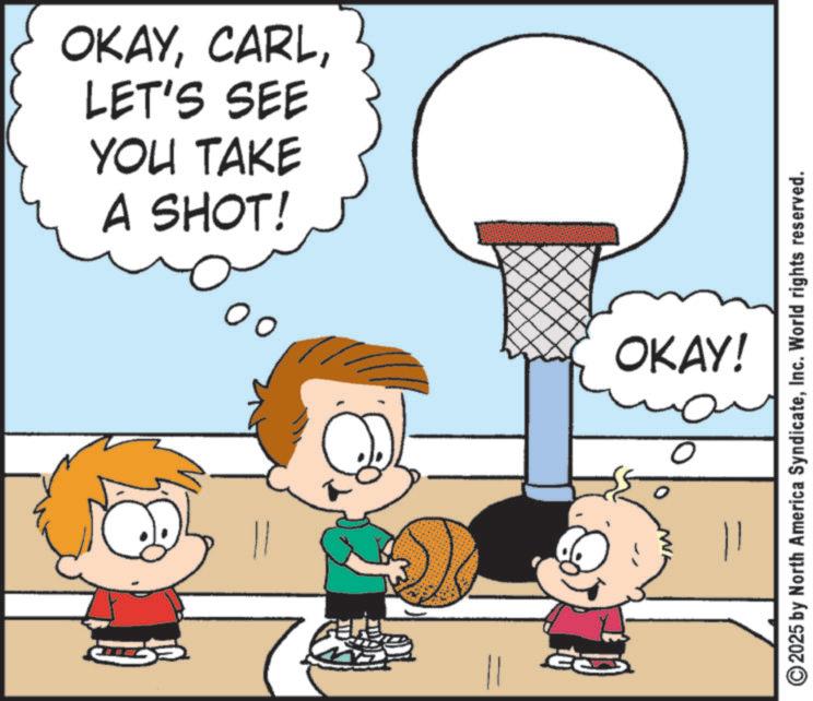 Sports venue OCR: OKAYLET'S SEE YOU TAKE A SHOT! OKAY! 0 ©2025 by North America SyndicateInc. World rights reserved. OKAYLET'S SEE YOU TAKE A SHOT ! OKAY ! 0 © 2025 by North America SyndicateInc. World rights reserved .