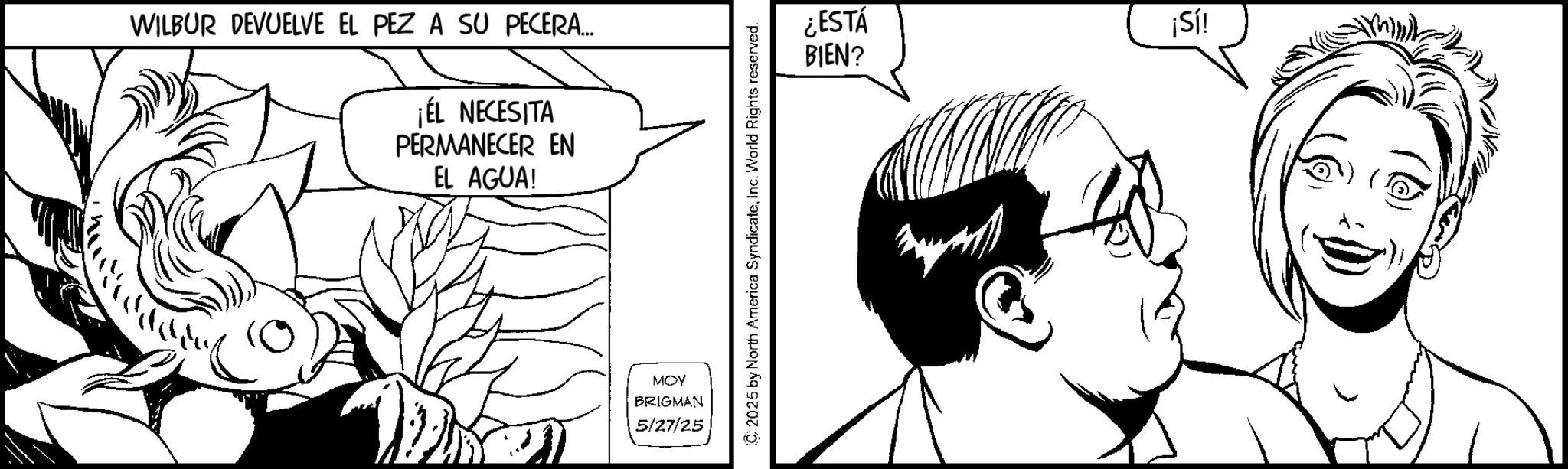 Fictional character OCR: WILBUR DEVUELVE EL PEZ A SU PECERA... ¡ÉL NECESITA PERMANECER EN EL AGUA! MOY BRIGMAN 5/27/25 2025 by North America SyndicateInc. World Rights reserved. ¿ESTÁ BIEN? ¡Sí! WILBUR DEVUELVE EL PEZ A SU PECERA ... ¡ ÉL NECESITA PERMANECER EN EL AGUA ! MOY BRIGMAN 5/27/25 2025 by North America SyndicateInc. World Rights reserved . ¿ ESTÁ BIEN ? ¡ Sí !