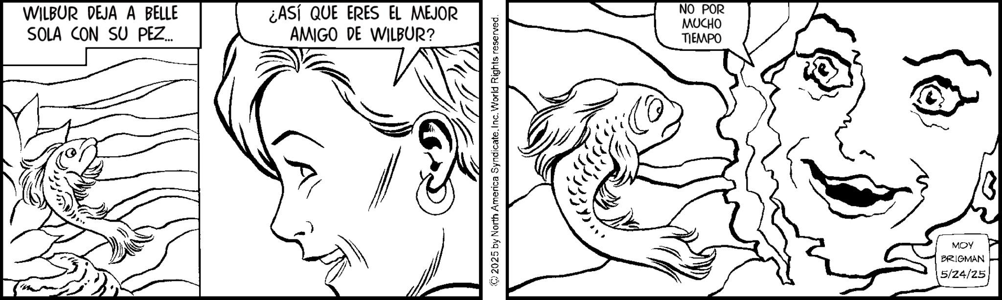 Fiction OCR: WILBUR DEJA A BELLE SOLA CON SU PEZ... ¿ASÍ QUE ERES EL MEJOR AMIGO DE WILBUR? 91 2025 by North America SyndicateInc. World Rights reserved. NO POR MUCHO TIEMPO MOY BRIGMAN 5/24/25 WILBUR DEJA A BELLE SOLA CON SU PEZ ... ¿ ASÍ QUE ERES EL MEJOR AMIGO DE WILBUR ? 91 2025 by North America SyndicateInc. World Rights reserved . NO POR MUCHO TIEMPO MOY BRIGMAN 5/24/25
