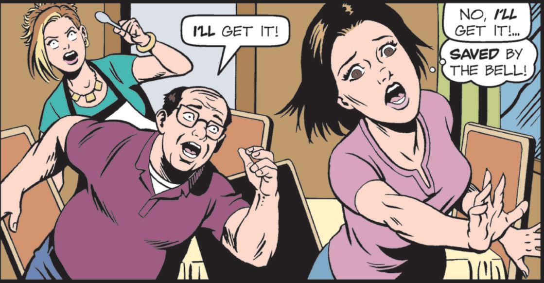 Fictional character OCR: I'LL GET IT! NOI'LL GET IT!... SAVED BY THE BELL! I'LL GET IT ! NOI'LL GET IT ! ... SAVED BY THE BELL !