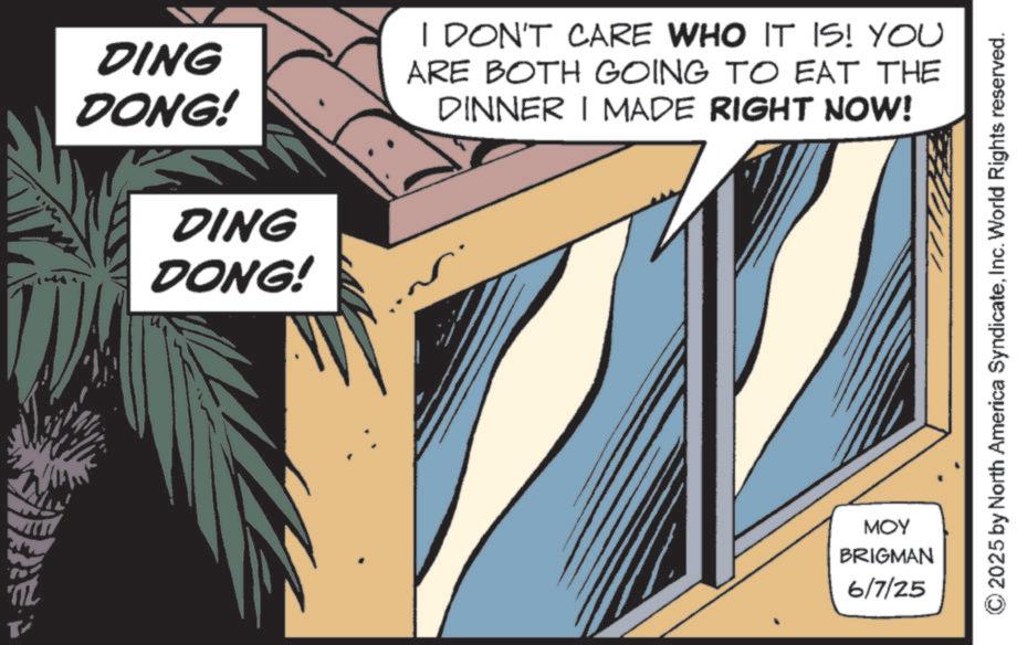 Animated cartoon OCR: T DING DONG! DING DONG! I DON'T CARE WHO IT IS! YOU ARE BOTH GOING TO EAT THE DINNER I MADE RIGHT NOW! MOY BRIGMAN 6/7/25 2025 by North America SyndicateInc. World Rights reserved. T DING DONG ! DING DONG ! I DON'T CARE WHO IT IS ! YOU ARE BOTH GOING TO EAT THE DINNER I MADE RIGHT NOW ! MOY BRIGMAN 6/7/25 2025 by North America SyndicateInc. World Rights reserved .
