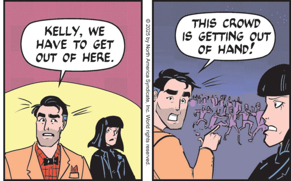 Comic book OCR: KELLYWE HAVE TO GET OUT OF HERE. D THIS CROWD IS GETTING OUT OF HAND! © 2025 by North America SyndicateInc. World rights reserved. ? KELLYWE HAVE TO GET OUT OF HERE . D THIS CROWD IS GETTING OUT OF HAND ! © 2025 by North America SyndicateInc. World rights reserved . ?
