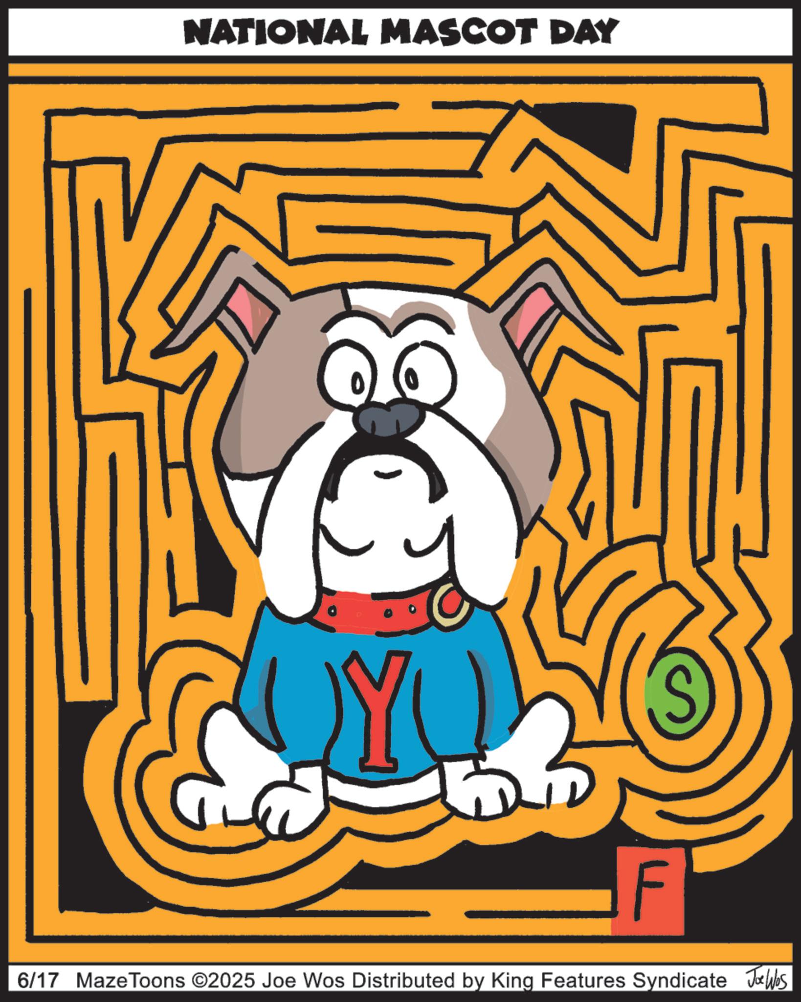 Graphic design OCR: NATIONAL MASCOT DAY F 6/17 MazeToons ©2025 Joe Wos Distributed by King Features Syndicate Jobs NATIONAL MASCOT DAY F 6/17 MazeToons © 2025 Joe Wos Distributed by King Features Syndicate Jobs