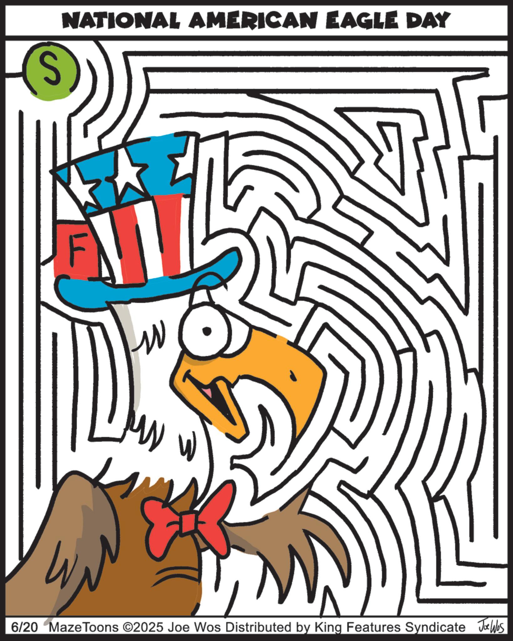 Graphic design OCR: S NATIONAL AMERICAN EAGLE DAY ? 6/20 MazeToons ©2025 Joe Wos Distributed by King Features Syndicate Jo Was S NATIONAL AMERICAN EAGLE DAY ? 6/20 MazeToons © 2025 Joe Wos Distributed by King Features Syndicate Jo Was