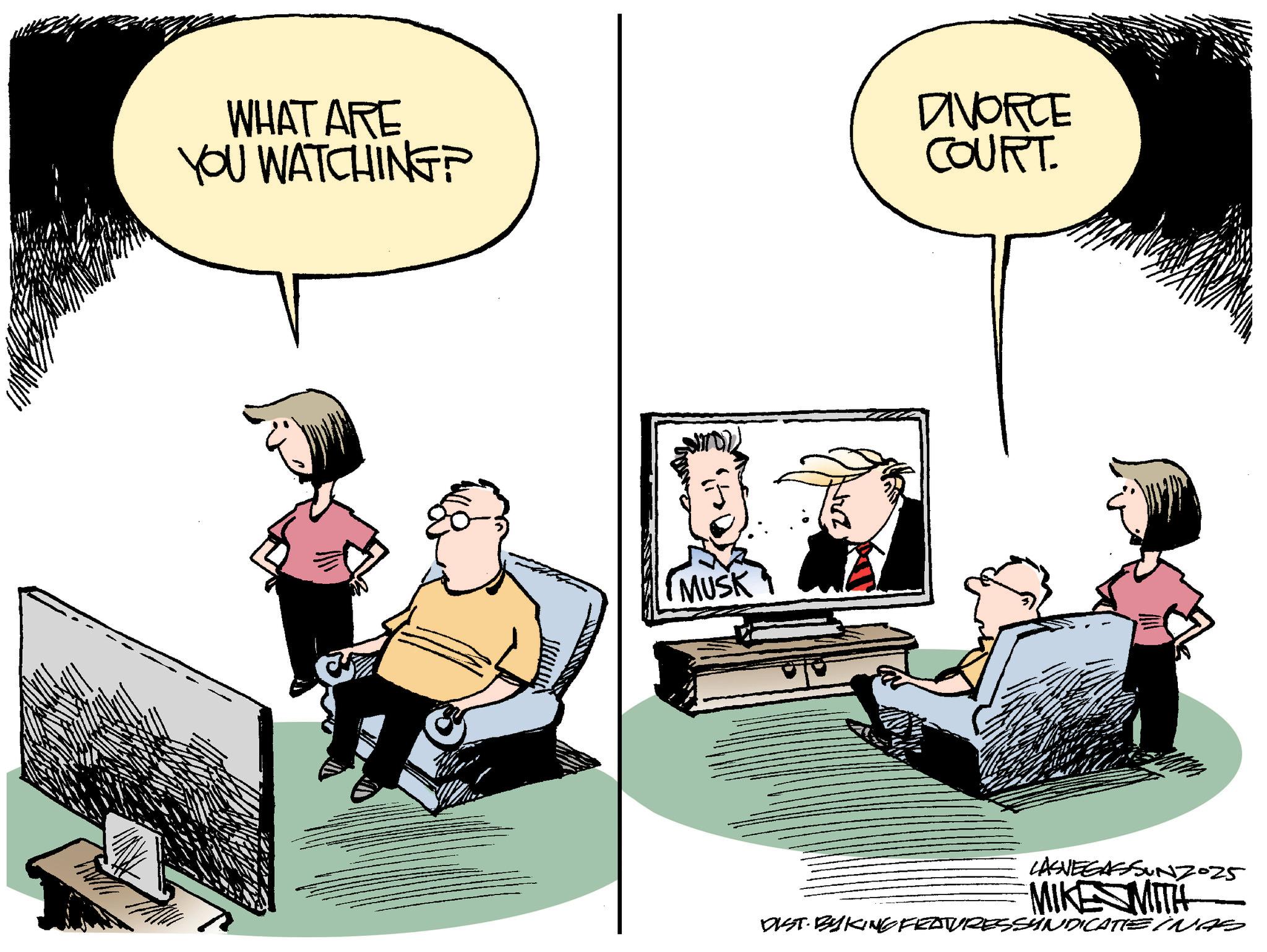 Photo caption OCR: WHAT ARE YOU WATCHING? MUSK DIVORCE COURT LASVEGASSUNZ-25 MIKE MITH DIST. BYKING FEATURESSÜNDICATE INAS WHAT ARE YOU WATCHING ? MUSK DIVORCE COURT LASVEGASSUNZ - 25 MIKE MITH DIST . BYKING FEATURESSÜNDICATE INAS