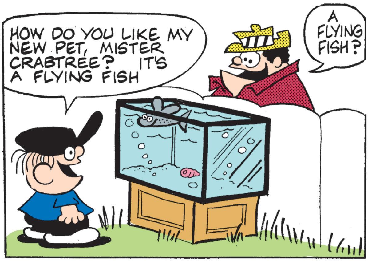 Fictional character OCR: HOW DO YOU LIKE MY NEW PETMISTER CRABTREE? A FLYING FISH IT'S A FLYING FISH? HOW DO YOU LIKE MY NEW PETMISTER CRABTREE ? A FLYING FISH IT'S A FLYING FISH ?