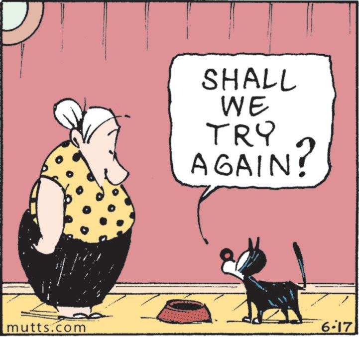 Photo caption OCR: SHALL WE TRY AGAIN? mutts.com 6-17 SHALL WE TRY AGAIN ? mutts.com 6-17