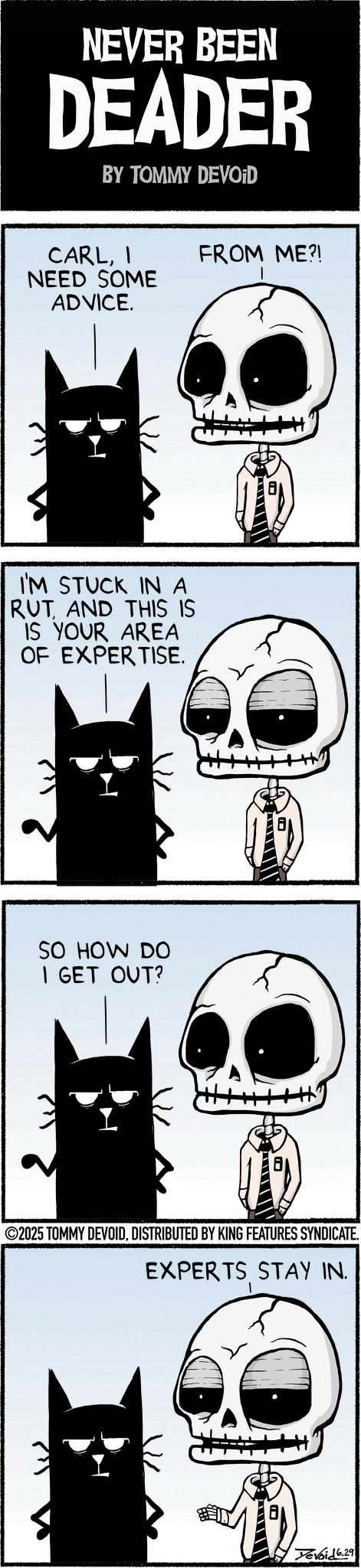 Graphic design OCR: NEVER BEEN DEADER BY TOMMY DEVOID CARLI FROM ME?! NEED SOME ADVICE. I'M STUCK IN A RUT AND THIS IS IS YOUR AREA OF EXPERTISE. SO HOW DO I GET OUT? A ©2025 TOMMY DEVOIDDISTRIBUTED BY KING FEATURES SYNDICATE. EXPERTS STAY IN. Tevoid 6.29 NEVER BEEN DEADER BY TOMMY DEVOID CARLI FROM ME ?! NEED SOME ADVICE . I'M STUCK IN A RUT AND THIS IS IS YOUR AREA OF EXPERTISE . SO HOW DO I GET OUT ? A © 2025 TOMMY DEVOIDDISTRIBUTED BY KING FEATURES SYNDICATE . EXPERTS STAY IN . Tevoid 6.29