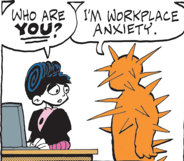 Line art OCR: WHO ARE I'M WORKPLACE YOU? ANXIETY. WHO ARE I'M WORKPLACE YOU ? ANXIETY .