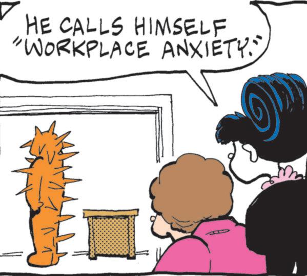 Line art OCR: HE CALLS HIMSELF "WORKPLACE ANXIETY.") HE CALLS HIMSELF " WORKPLACE ANXIETY . " )