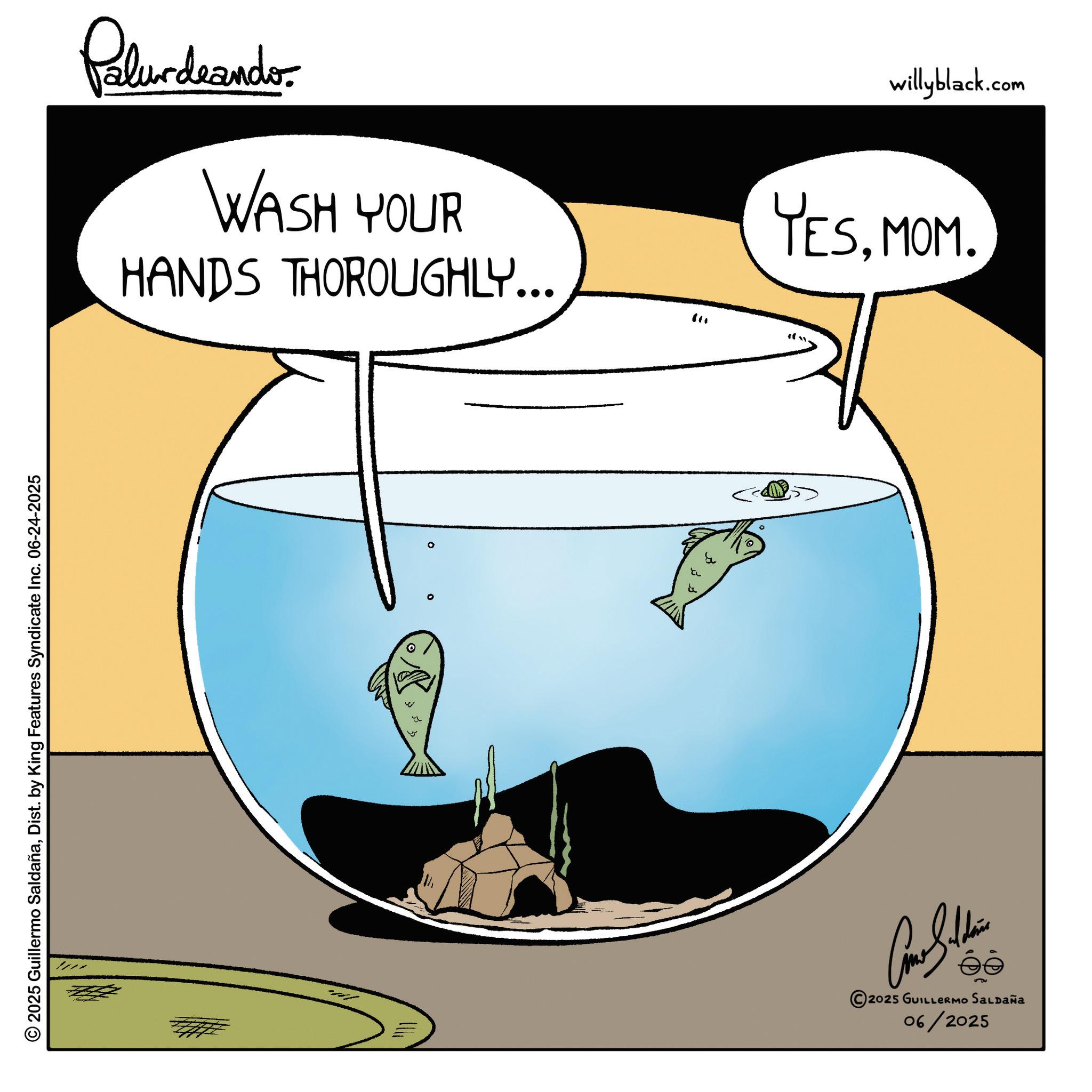 Animated cartoon OCR: © 2025 Guillermo SaldañaDist. by King Features Syndicate Inc. 06-24-2025 Palurdeando WASH YOUR HANDS THOROUGHLY... " Come Saldain 2025 GUILLERMO SALDAÑa 06/2025 willyblack.com YESMOM. © 2025 Guillermo SaldañaDist . by King Features Syndicate Inc. 06-24-2025 Palurdeando WASH YOUR HANDS THOROUGHLY ... " Come Saldain 2025 GUILLERMO SALDAÑa 06/2025 willyblack.com YESMOM .