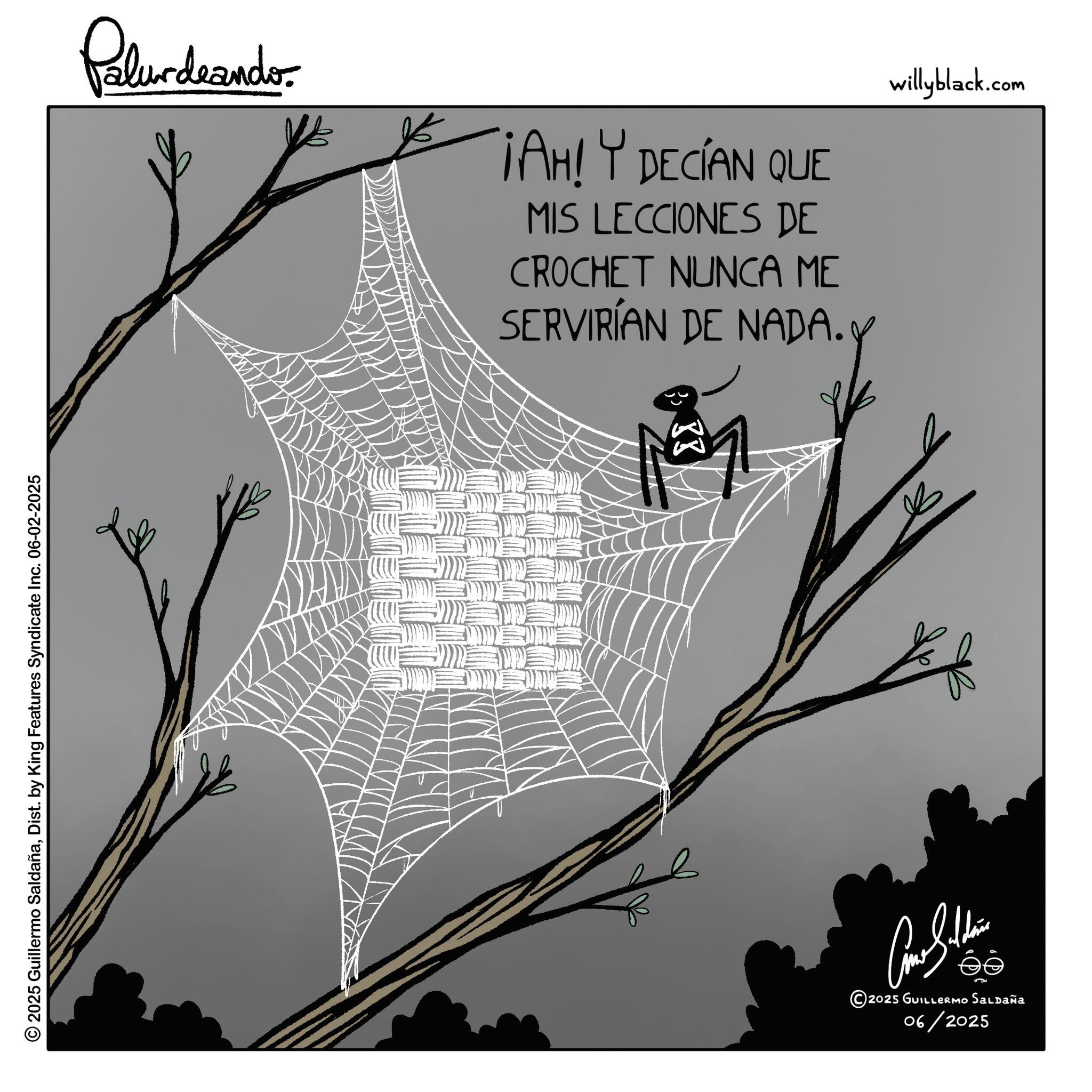 Animation OCR: © 2025 Guillermo SaldañaDist. by King Features Syndicate Inc. 06-02-2025 Palurdeanders ¡AH! Y DECÍAN QUE MIS LECCIONES DE CROCHET NUNCA ME SERVIRÍAN DE NADA. SS ??????? 2025 GUILLERMO Saldaña 06/2025 willyblack.com © 2025 Guillermo SaldañaDist . by King Features Syndicate Inc. 06-02-2025 Palurdeanders ¡ AH ! Y DECÍAN QUE MIS LECCIONES DE CROCHET NUNCA ME SERVIRÍAN DE NADA . SS ??????? 2025 GUILLERMO Saldaña 06/2025 willyblack.com