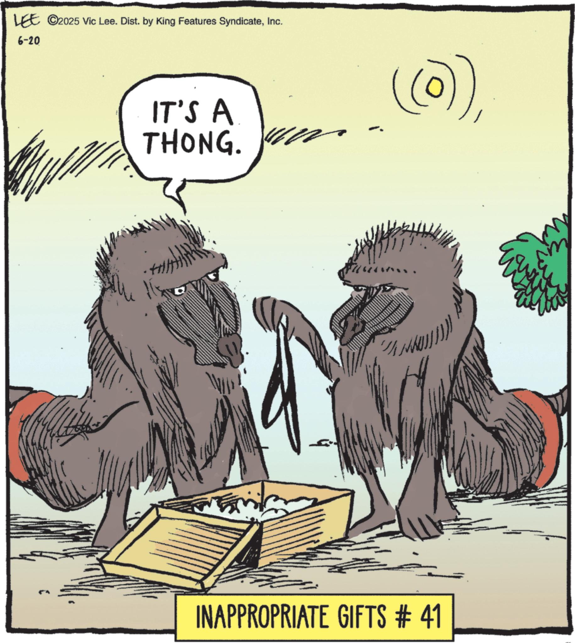 Animated cartoon OCR: LEE ©2025 Vic Lee. Dist. by King Features SyndicateInc. 6-20 IT'S A. THONG. ? (o)INAPPROPRIATE GIFTS # 41 LEE © 2025 Vic Lee . Dist . by King Features SyndicateInc. 6-20 IT'S A. THONG . ? ( o )INAPPROPRIATE GIFTS # 41