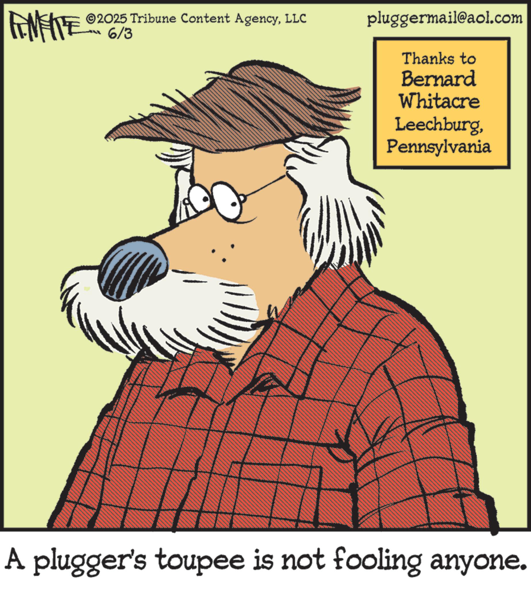Pleased OCR: FENFITE ©2025 Tribune Content AgencyLLC 6/3 pluggermail@aol.com Thanks to Bernard Whitacre LeechburgPennsylvania A plugger's toupee is not fooling anyone. FENFITE © 2025 Tribune Content AgencyLLC 6/3 pluggermail@aol.com Thanks to Bernard Whitacre LeechburgPennsylvania A plugger's toupee is not fooling anyone .