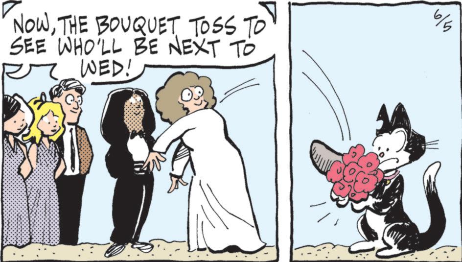 Photo caption OCR: NOWTHE BOUQUET TOSS TO SEE WHO'LL BE NEXT TO WED! ???? NOWTHE BOUQUET TOSS TO SEE WHO'LL BE NEXT TO WED ! ?? ??
