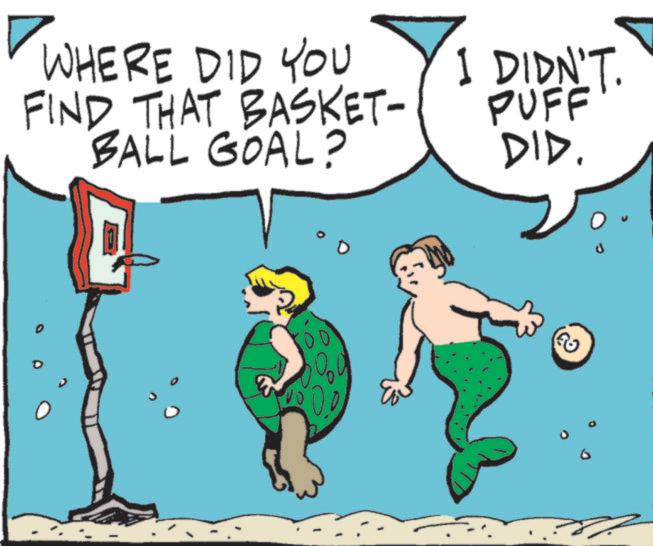 Fictional character OCR: ? WHERE DID YOU FIND THAT BASKET- BALL GOAL? I DIDN'T. PUFF DID. P ?? ? WHERE DID YOU FIND THAT BASKET- BALL GOAL ? I DIDN'T . PUFF DID . P ??