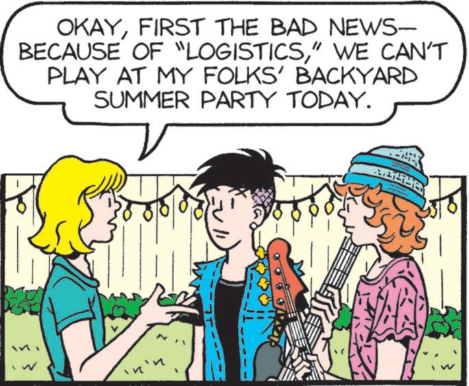 Comics OCR: OKAYFIRST THE BAD NEWS- BECAUSE OF "LOGISTICS" WE CAN'T PLAY AT MY FOLKS' BACKYARD SUMMER PARTY TODAY. 38800 74747478 OKAYFIRST THE BAD NEWS- BECAUSE OF " LOGISTICS" WE CAN'T PLAY AT MY FOLKS ' BACKYARD SUMMER PARTY TODAY . 38800 74747478