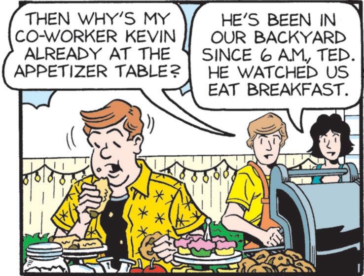 Breakfast OCR: THEN WHY'S MY CO-WORKER KEVIN ALREADY AT THE APPETIZER TABLE? HE'S BEEN IN OUR BACKYARD SINCE 6 AMTED. HE WATCHED US EAT BREAKFAST. ?? THEN WHY'S MY CO - WORKER KEVIN ALREADY AT THE APPETIZER TABLE ? HE'S BEEN IN OUR BACKYARD SINCE 6 AMTED . HE WATCHED US EAT BREAKFAST . ? ?