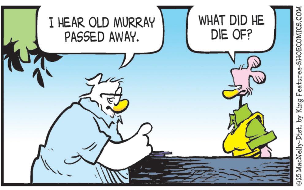 Fictional character OCR: I HEAR OLD MURRAY PASSED AWAY. WHAT DID HE DIE OF? ©25 MacNelly-Dist. by King Features-SHOECOMICS.COM I HEAR OLD MURRAY PASSED AWAY . WHAT DID HE DIE OF ? © 25 MacNelly - Dist . by King Features-SHOECOMICS.COM
