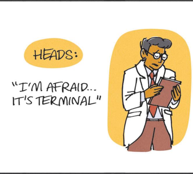 Animated cartoon OCR: HEADS: "I'M AFRAID... IT'S TERMINAL" HEADS : " I'M AFRAID ... IT'S TERMINAL "
