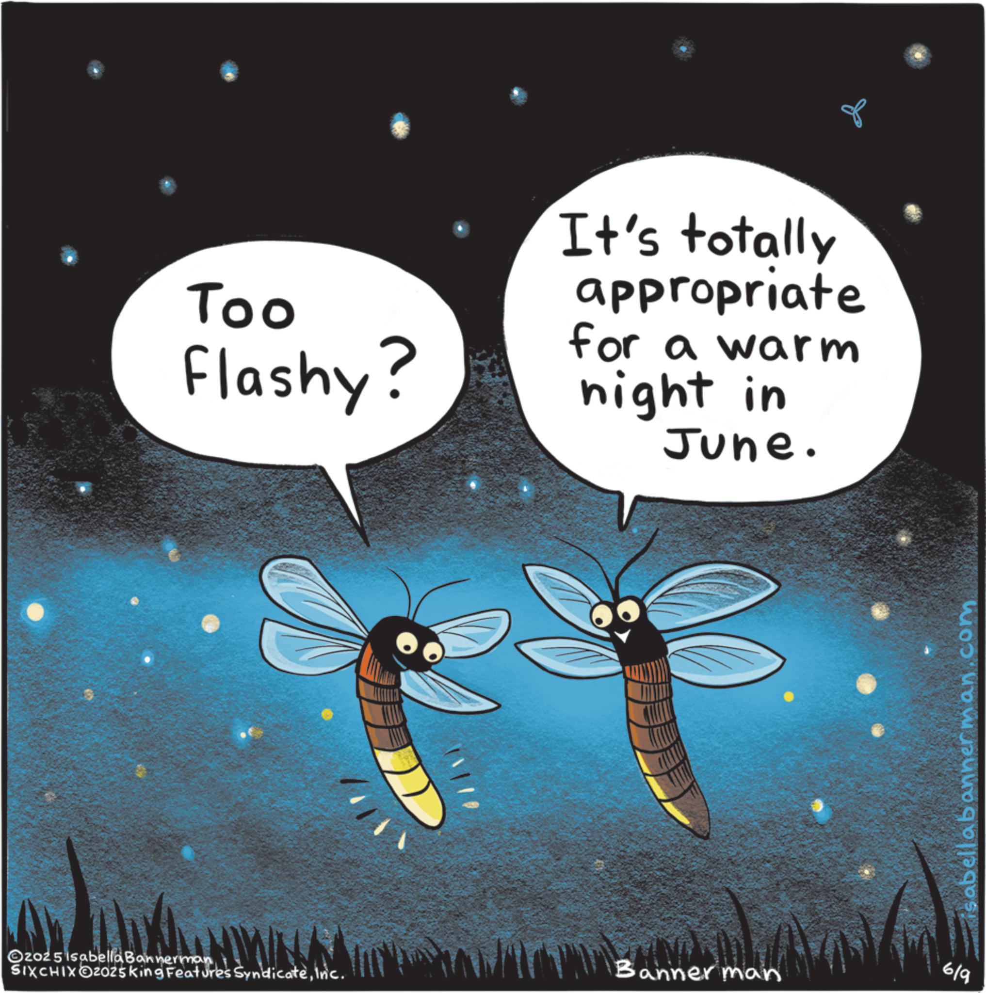 Photo caption OCR: Too Flashy? It's totally appropriate for a warm night in June. Ozoz 5 isabella Bannerman Banner man SIXCHIXO2025king Features SyndicateInc. 6/9 isabella bannerman.com Too Flashy ? It's totally appropriate for a warm night in June . Ozoz 5 isabella Bannerman Banner man SIXCHIXO2025king Features SyndicateInc. 6/9 isabella bannerman.com