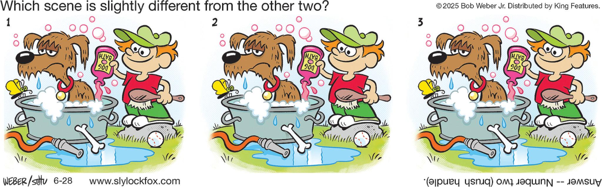 Line art OCR: Answer -- Number two (brush handle). 2 DOG BATI D H V BATH DOG. ???? WEBER/Sotu 6-28 www.slylockfox.com Which scene is slightly different from the other two? 1 2 3 ©2025 Bob Weber Jr. Distributed by King Features. DOG BATH Answer -- Number two ( brush handle ) . 2 DOG BATI D H V BATH DOG . ???? WEBER / Sotu 6-28 www.slylockfox.com Which scene is slightly different from the other two ? 1 2 3 © 2025 Bob Weber Jr. Distributed by King Features . DOG BATH