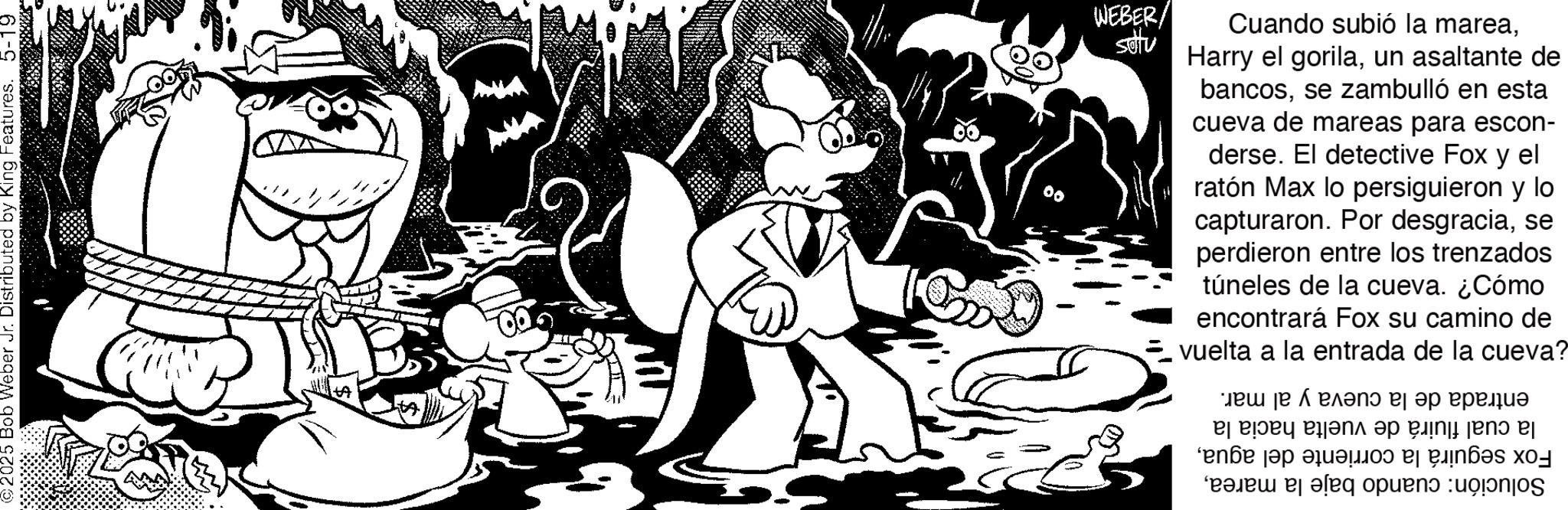 Animation OCR: 2025 Bob Weber Jr. Distributed by King Features. 5-19 A WEBER/ settu Cuando subió la mareaun asaltante de bancosse zambulló en esta cueva de mareas para escon- derse. El detective Fox y el ratón Max lo persiguieron y lo capturaron. Por desgraciase perdieron entre los trenzados túneles de la cueva. ¿Cómo encontrará Fox su camino de vuelta a la entrada de la cueva? ???? ?????? ? ?? ?????? ??? ???? ?? ???? ?? ???? ?? ????? ??? ?? a b c opens upon 2025 Bob Weber Jr. Distributed by King Features . 5-19 A WEBER / settu Cuando subió la mareaHarry el gorilaun asaltante de bancosse zambulló en esta cueva de mareas para escon- derse . El detective Fox y el ratón Max lo persiguieron y lo capturaron . Por desgraciase perdieron entre los trenzados túneles de la cueva . ¿ Cómo encontrará Fox su camino de vuelta a la entrada de la cueva ? ???? ?????? ? ?? ?????? ??? ???? ?? ???? ?? ???? ?? ????? ??? ?? a b c opens upon