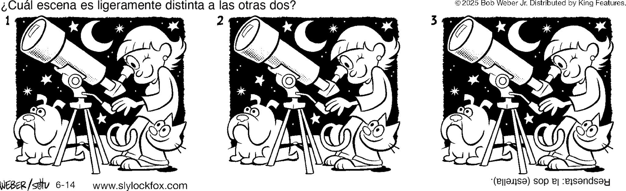 Animation OCR: ¿Cuál escena es ligeramente distinta a las otras dos? 1 WEBER/Sotu 6-14 www.slylockfox.com 2 3 © 2025 Bob Weber Jr. Distributed by King Features. (b) so ¿ Cuál escena es ligeramente distinta a las otras dos ? 1 WEBER / Sotu 6-14 www.slylockfox.com 2 3 © 2025 Bob Weber Jr. Distributed by King Features . ( b ) so