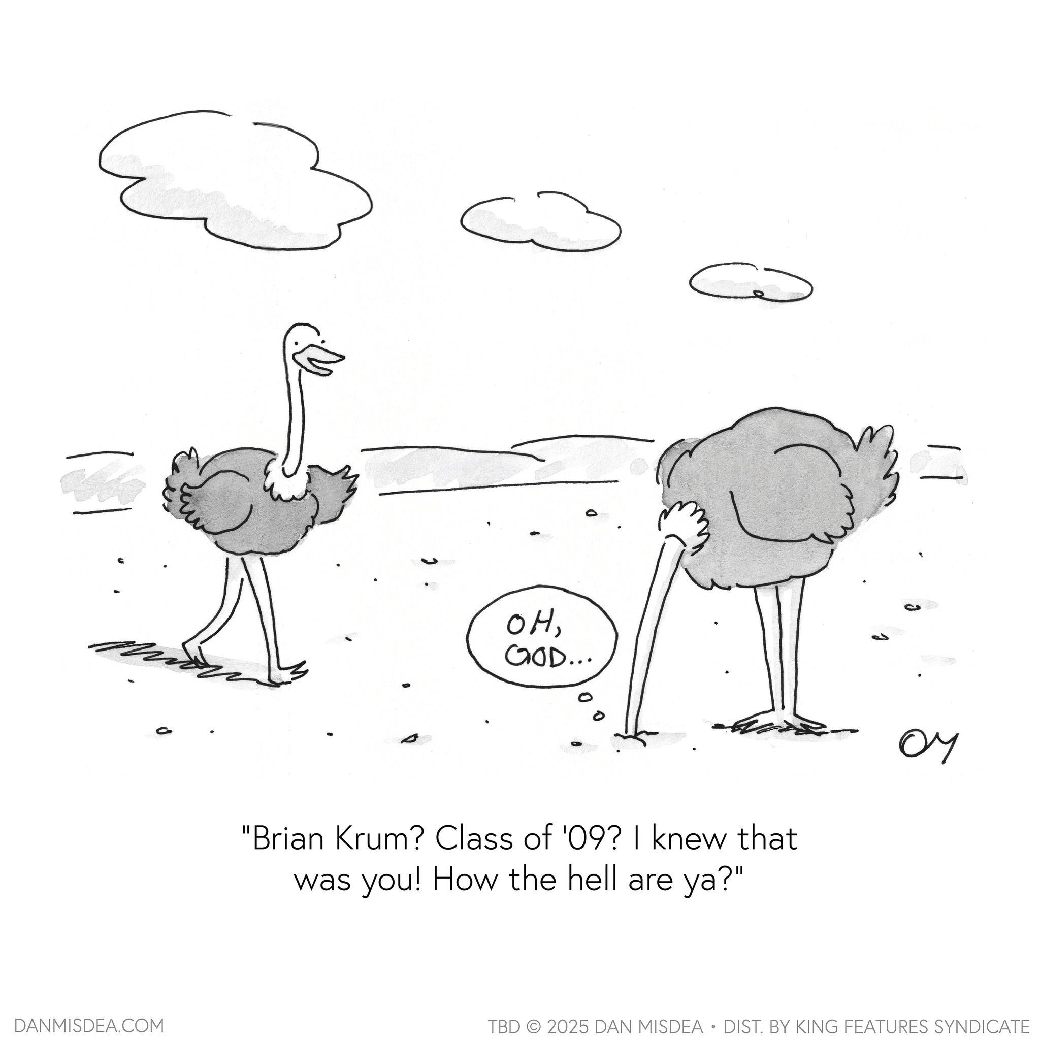 Animation OCR: ? DANMISDEA.COM 0 OHGOD... "Brian Krum? Class of '09? I knew that was you! How the hell are ya?" ?? TBD 2025 DAN MISDEA • DIST. BY KING FEATURES SYNDICATE ? DANMISDEA.COM 0 OHGOD ... " Brian Krum ? Class of '09 ? I knew that was you ! How the hell are ya ? " ?? TBD 2025 DAN MISDEA • DIST . BY KING FEATURES SYNDICATE