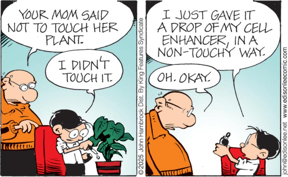 Sharing OCR: YOUR MOM SAID NOT TO TOUCH HER PLANT. I DIDN'T TOUCH IT. O2025 John Hambrock Dist. By King Features Syndicate I JUST GAVE IT A DROP OF MY CELL ENHANCERIN A NON-TOUCHY WAY. OH. OKAY. john@edisonlee.net www.edisonleecomic.com YOUR MOM SAID NOT TO TOUCH HER PLANT . I DIDN'T TOUCH IT . O2025 John Hambrock Dist . By King Features Syndicate I JUST GAVE IT A DROP OF MY CELL ENHANCERIN A NON - TOUCHY WAY . OH . OKAY . john@edisonlee.net www.edisonleecomic.com