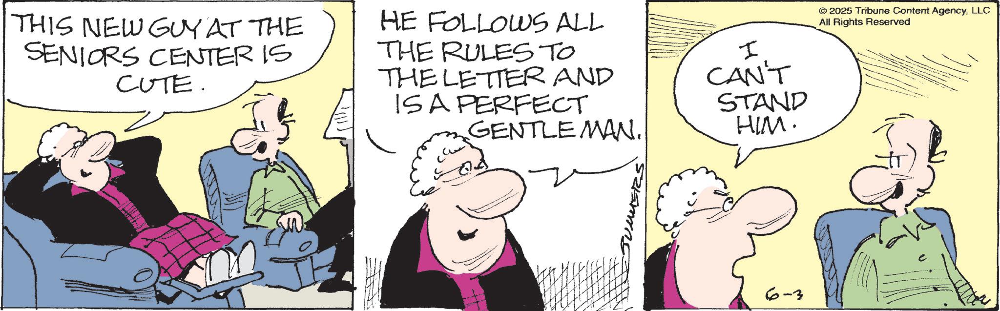 Comic book OCR: THIS NEW GUY AT THE SENIORS CENTER IS CUTE. HE FOLLOWS ALL THE RULES TO THE LETTER AND IS A PERFECT GENTLEMAN. I CAN'T STAND HIM. © 2025 Tribune Content AgencyLLC All Rights Reserved 6-3 THIS NEW GUY AT THE SENIORS CENTER IS CUTE . HE FOLLOWS ALL THE RULES TO THE LETTER AND IS A PERFECT GENTLEMAN . I CAN'T STAND HIM . © 2025 Tribune Content AgencyLLC All Rights Reserved 6-3