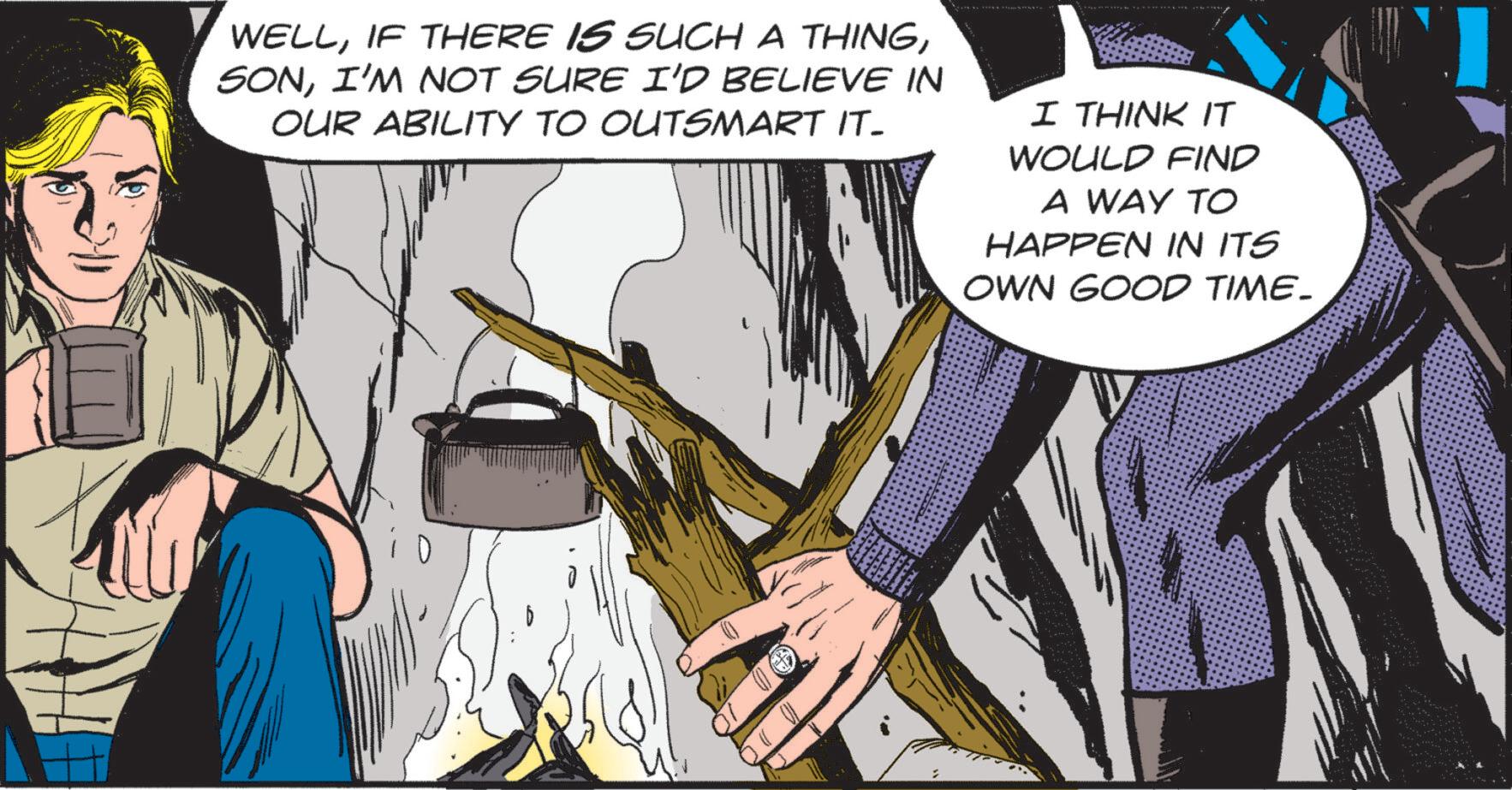 Animated cartoon OCR: WELLI'M NOT SURE I'D BELIEVE IN OUR ABILITY TO OUTSMART IT_ I THINK IT WOULD FIND A WAY TO HAPPEN IN ITS OWN GOOD TIME_ WELLIF THERE IS SUCH A THINGI'M NOT SURE I'D BELIEVE IN OUR ABILITY TO OUTSMART IT_ I THINK IT WOULD FIND A WAY TO HAPPEN IN ITS OWN GOOD TIME_
