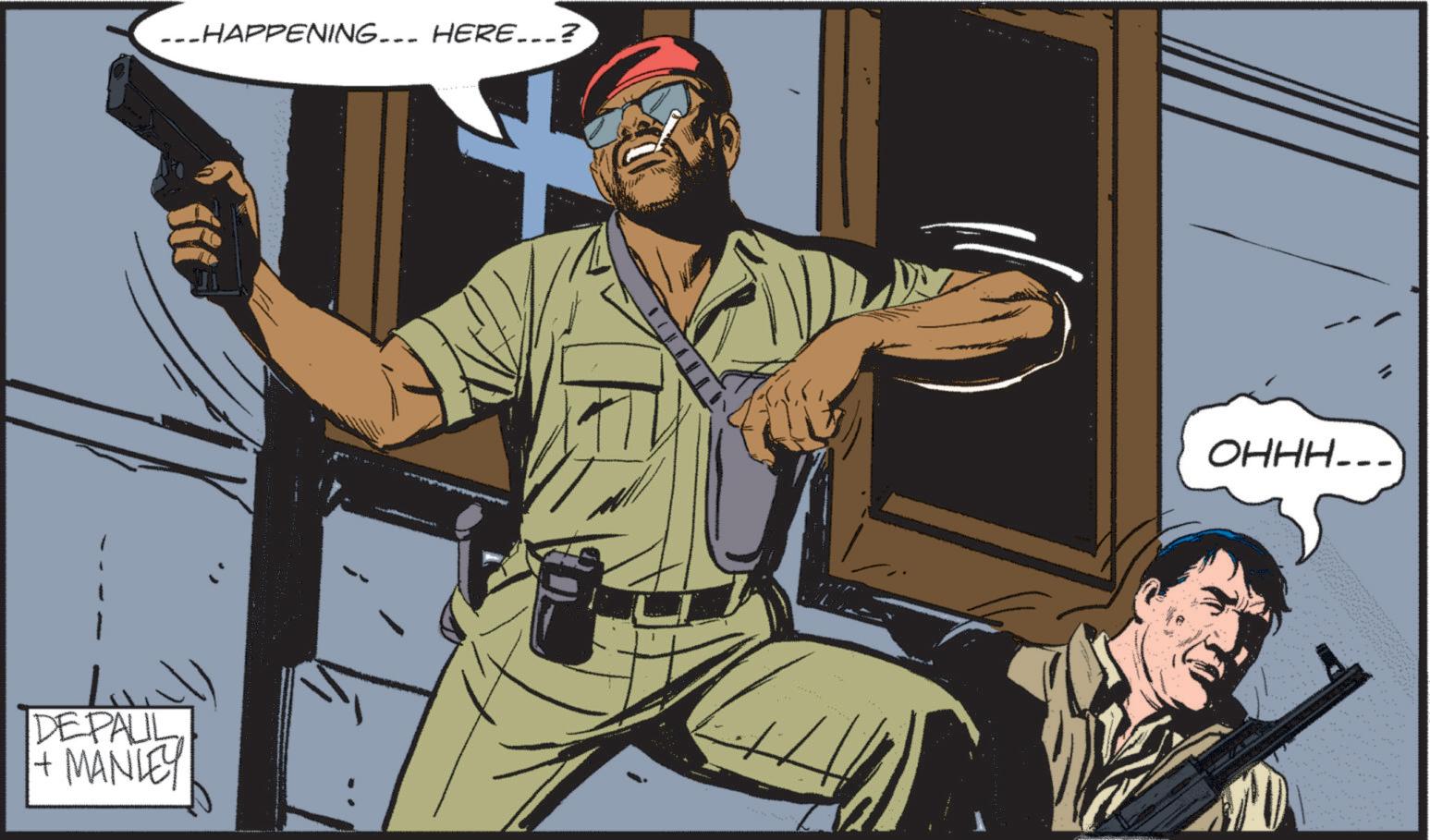 Animated cartoon OCR: ---HAPPENING... HERE...? DEPALL MANLEY + ????... --- HAPPENING ... HERE ... ? DEPALL MANLEY + ???? ...