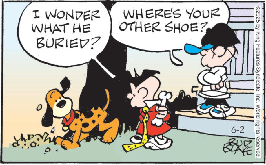 Conversation OCR: I WONDER WHAT HE BURIED? WHERE'S YOUR OTHER SHOE? ©2025 by King Features SyndicateInc. World rights reserved. 6-2 AYE I WONDER WHAT HE BURIED ? WHERE'S YOUR OTHER SHOE ? © 2025 by King Features SyndicateInc. World rights reserved . 6-2 AYE