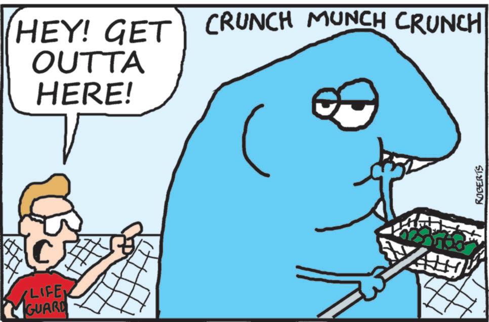 Pleased OCR: C LIFEK GUARD HEY! GET CRUNCH MUNCH CRUNCH OUTTA HERE! ROBERTS C LIFEK GUARD HEY ! GET CRUNCH MUNCH CRUNCH OUTTA HERE ! ROBERTS
