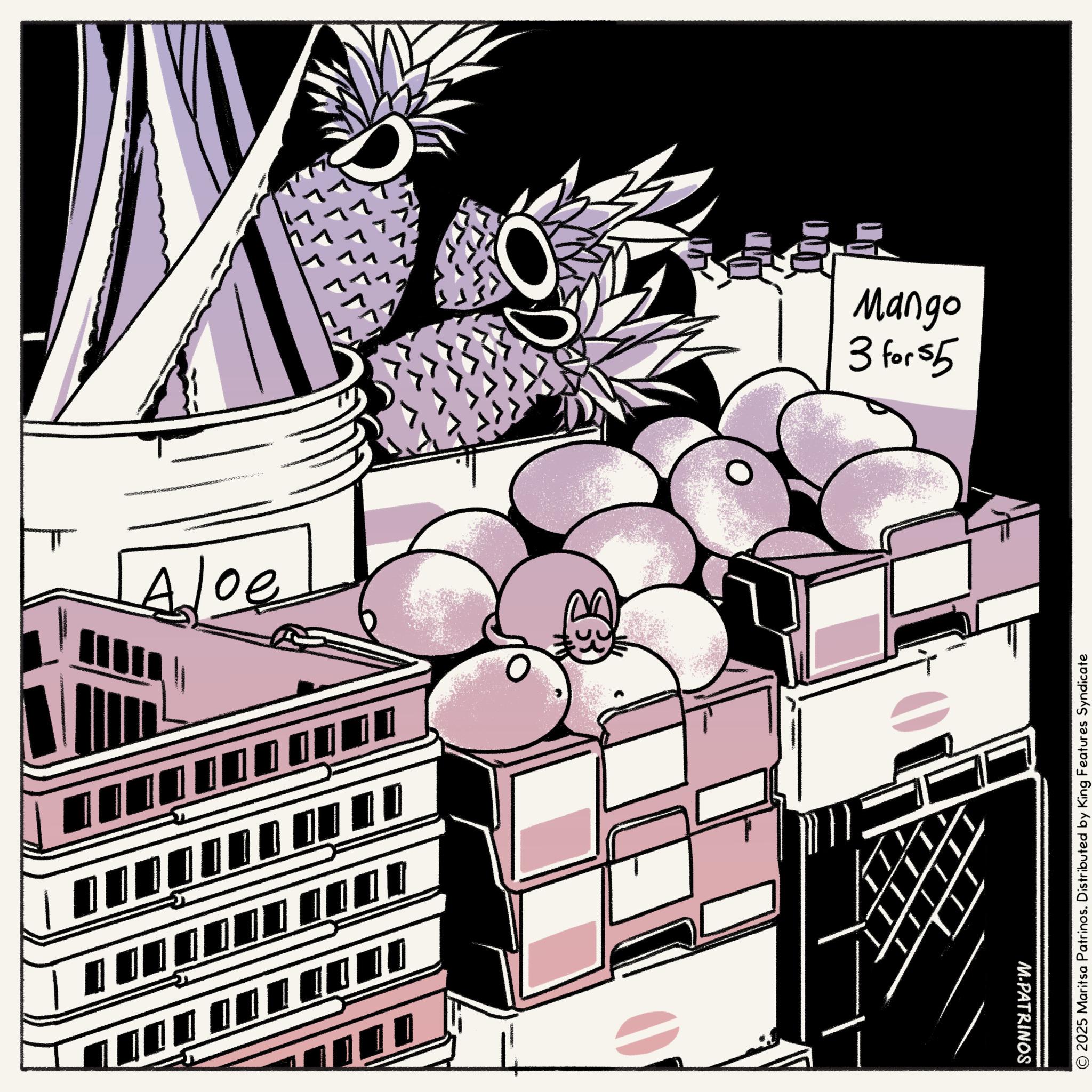 Line art OCR: Aloe SD H 3 for 55 Mango MARS 2025 Maritsa Patrinos. Distributed by King Features Syndicate M.PATRINOS Aloe SD H 3 for 55 Mango MARS 2025 Maritsa Patrinos . Distributed by King Features Syndicate M.PATRINOS